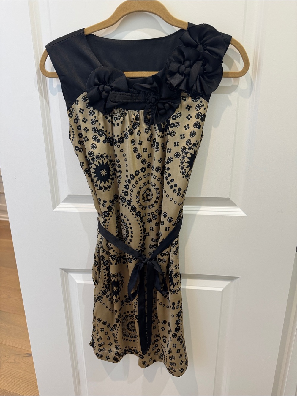 Beige and Black Floral Medallion D.E.P.T. Mini Dress with Tie